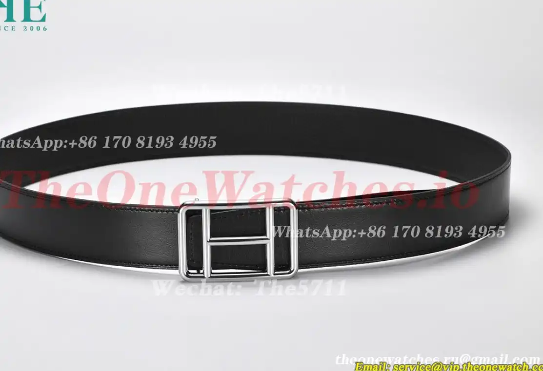 Silver Hermes SS Buckle on Black Black Leather Belt 3.8cm