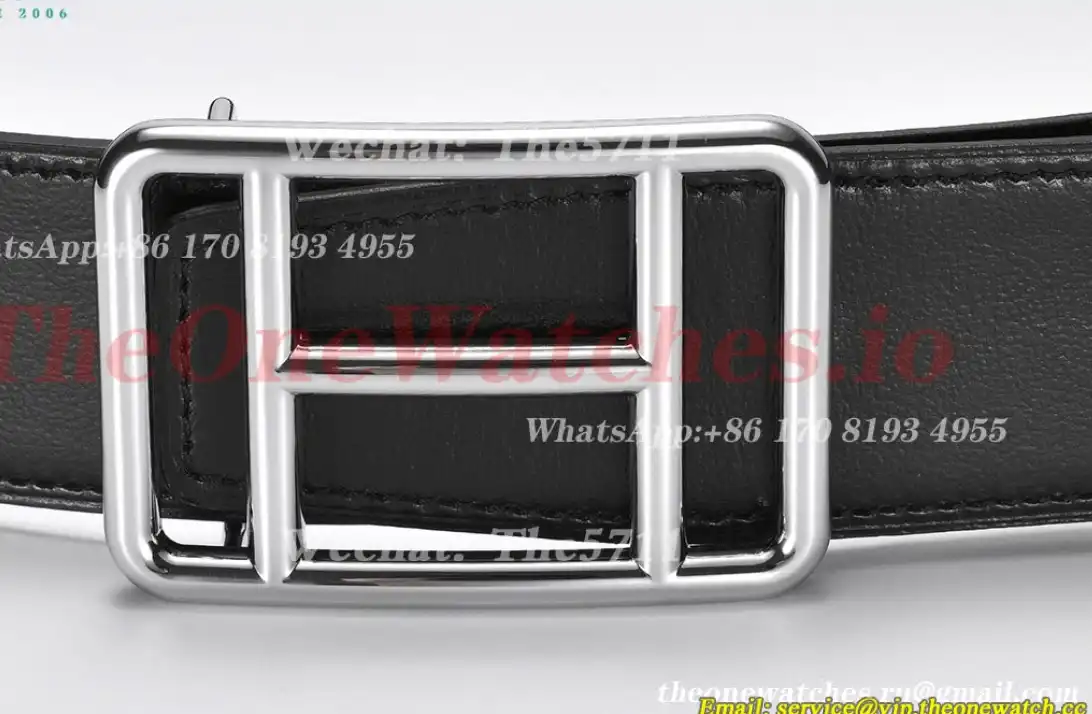 Silver Hermes SS Buckle on Black Black Leather Belt 3.8cm