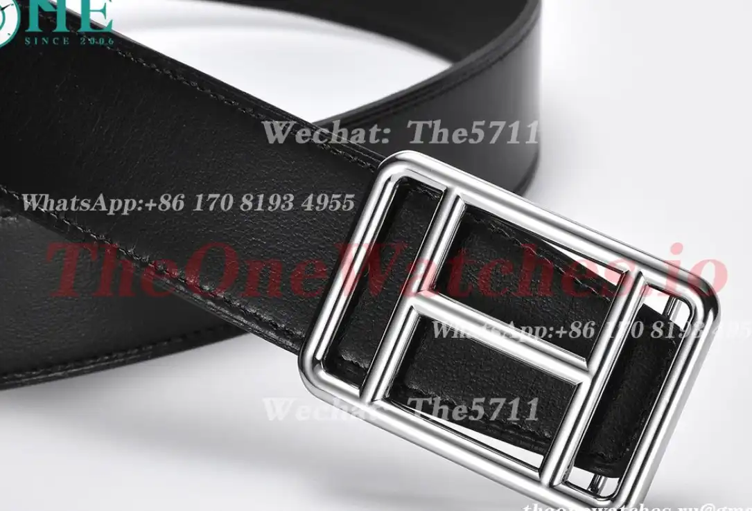 Silver Hermes SS Buckle on Black Black Leather Belt 3.8cm