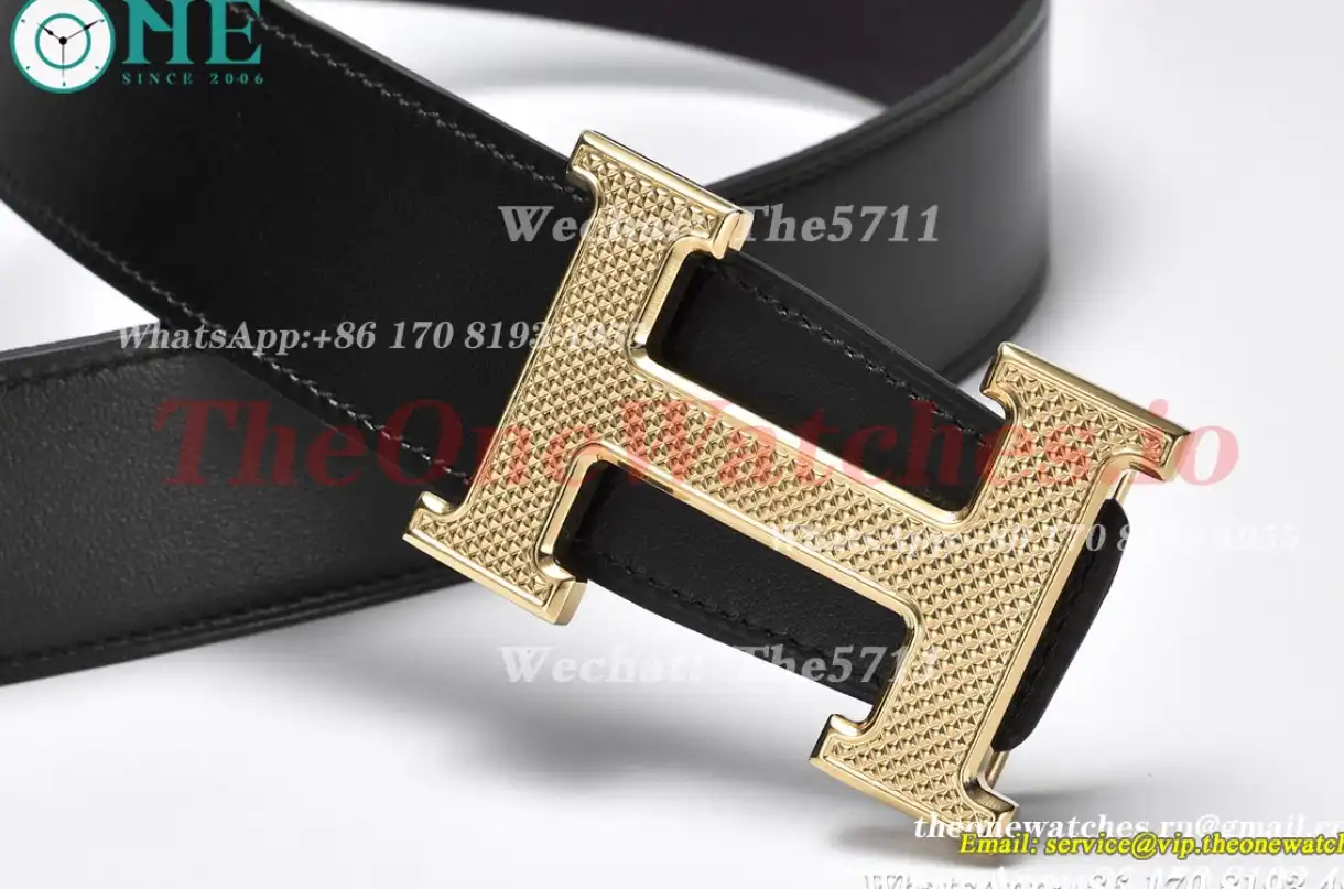 Hermes - YG Hermes SS Buckle on Black Black Leather Belt 3.8cm