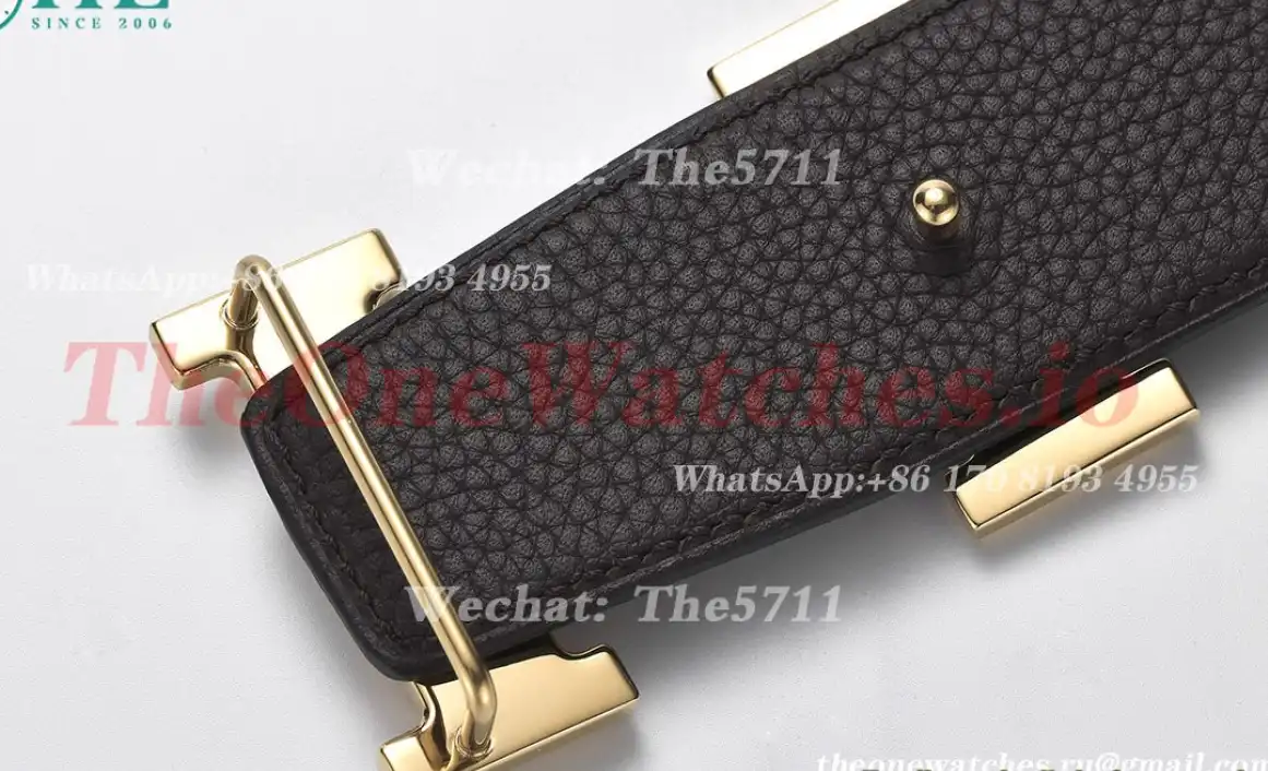 Hermes - YG Hermes SS Buckle on Black Black Leather Belt 3.8cm