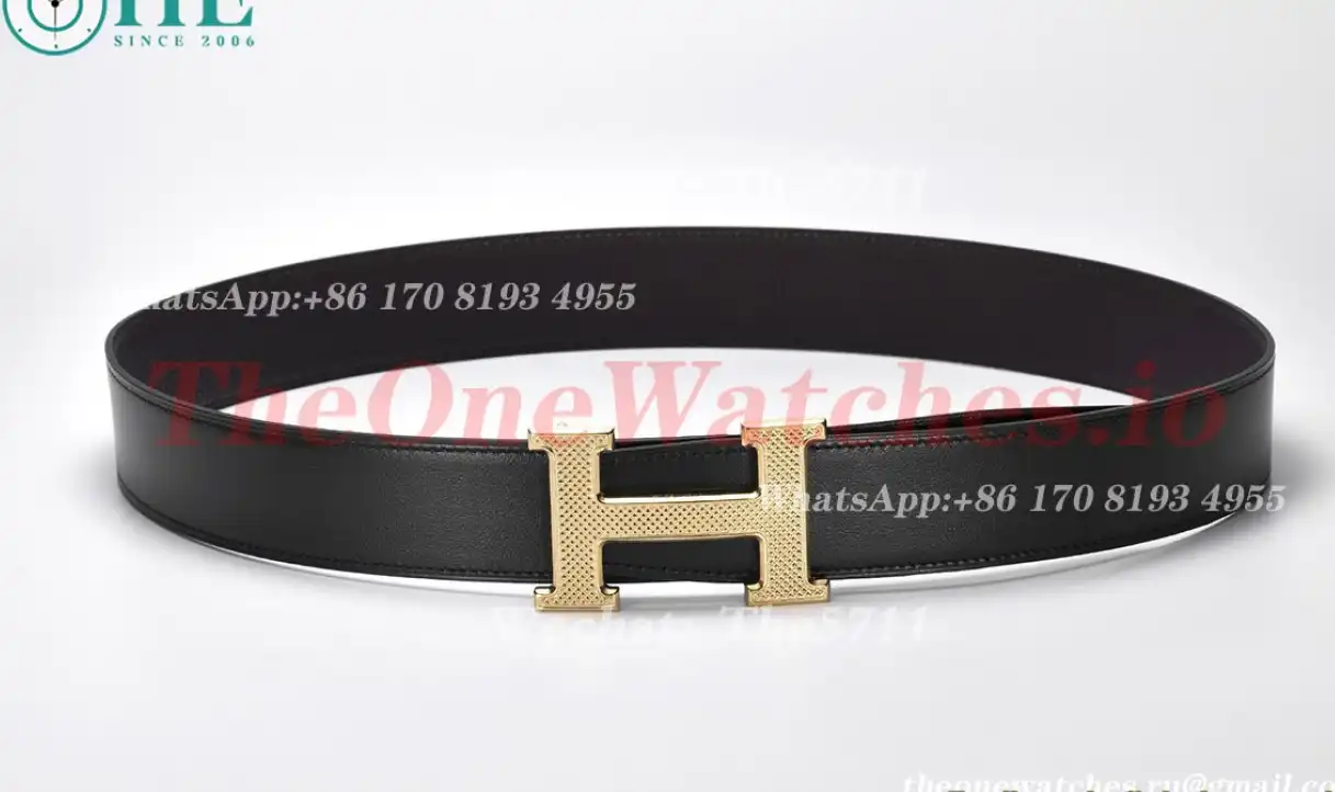 Hermes - YG Hermes SS Buckle on Black Black Leather Belt 3.8cm