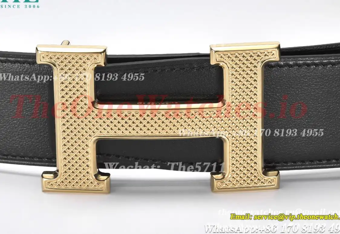 Hermes - YG Hermes SS Buckle on Black Black Leather Belt 3.8cm