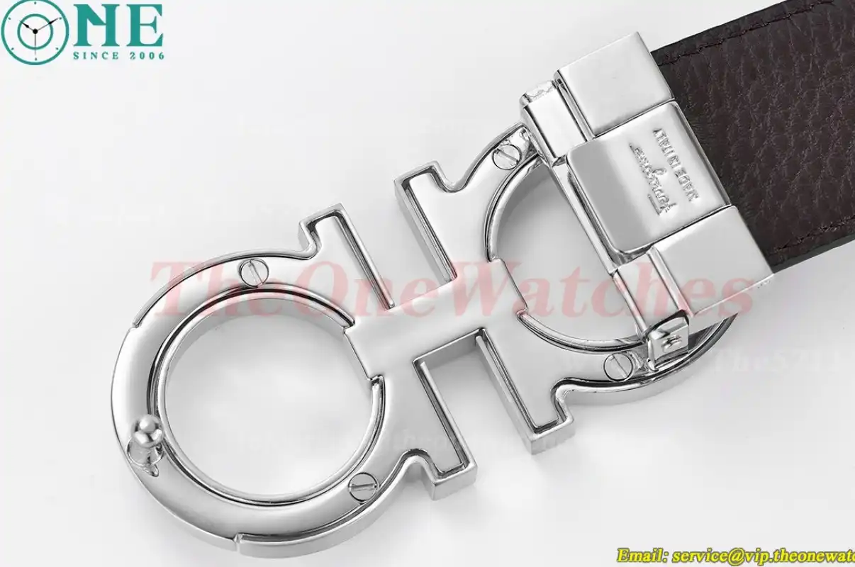 Silver Brass Buckle on Black Brownish Leather Belt 3.5cm