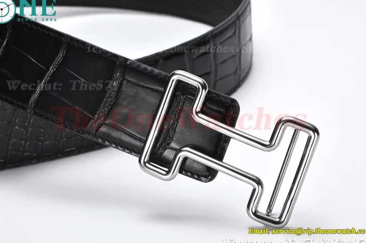 Silver Hermes SS Buckle on Black Black Leather Belt 3.8cm