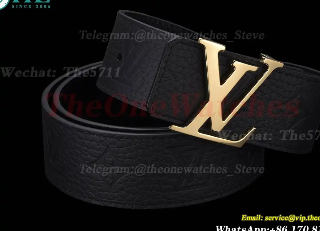 Yellow Gold LV Brass Buckle on Black Leather Belt 4.0cm