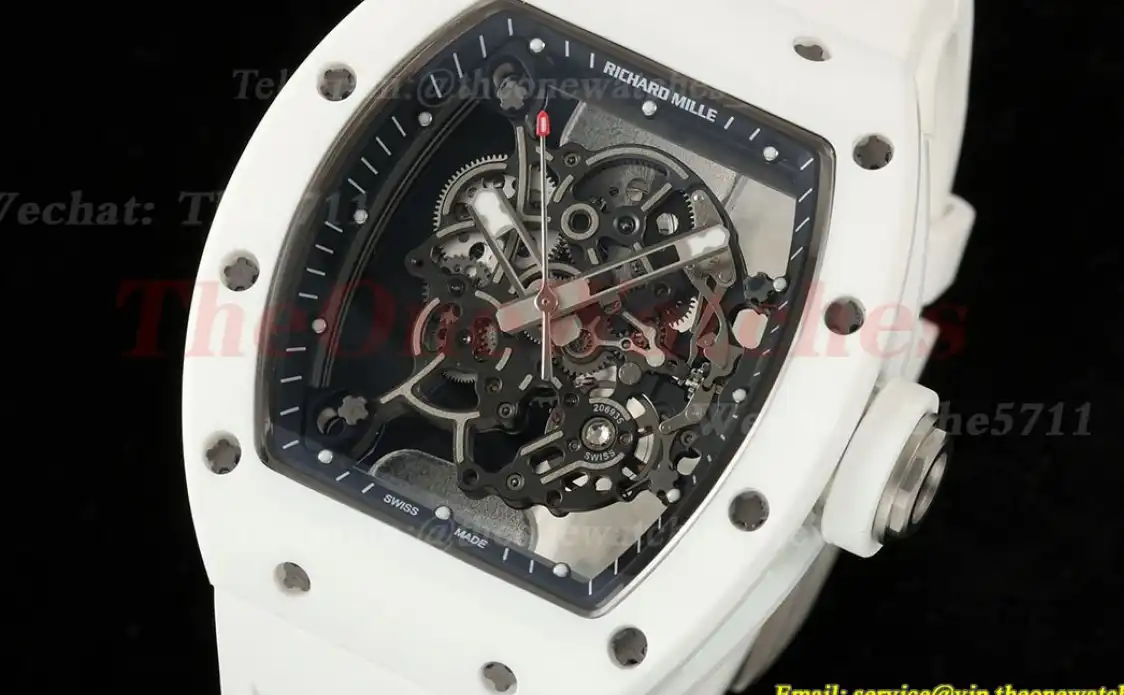 RM055 White Ceramic Skeleton Dial On White Rubber Strap T+F RMUL2