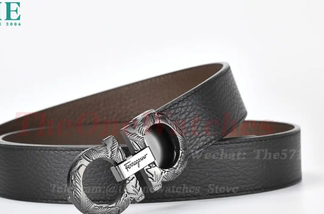 Bright Grey Brass Buckle on Black Brownish Leather Belt 3.5cm