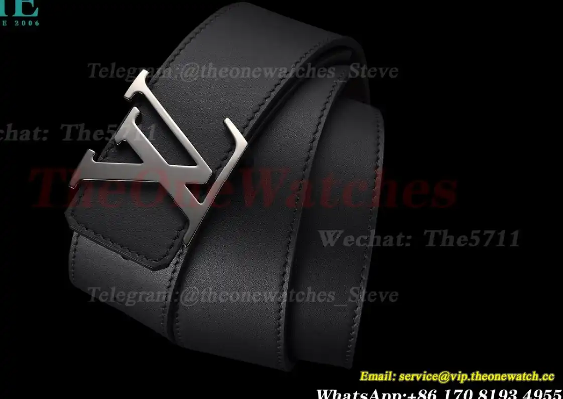 Bright Grey LV Brass Buckle on Black Leather Belt 4.0cm