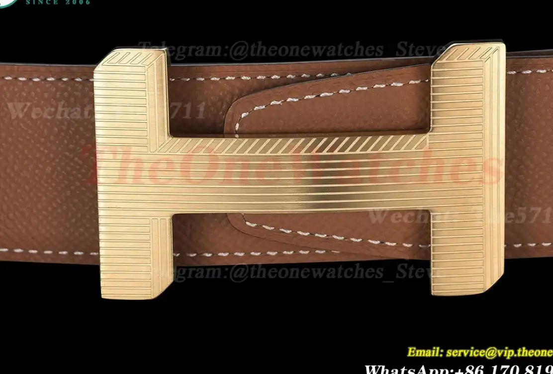 Yellow Gold Hermes SS Buckle on khaki Leather Belt 3.8cm