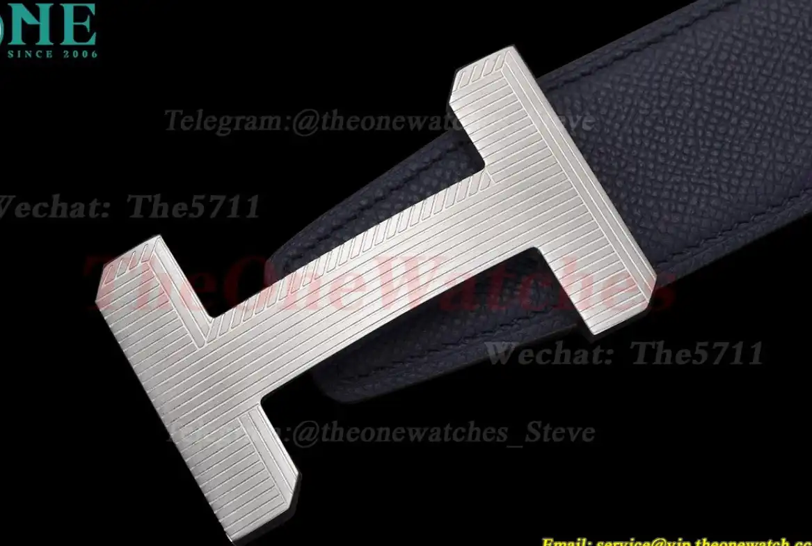 Silver Hermes SS Buckle on Blue Leather Belt 3.8cm