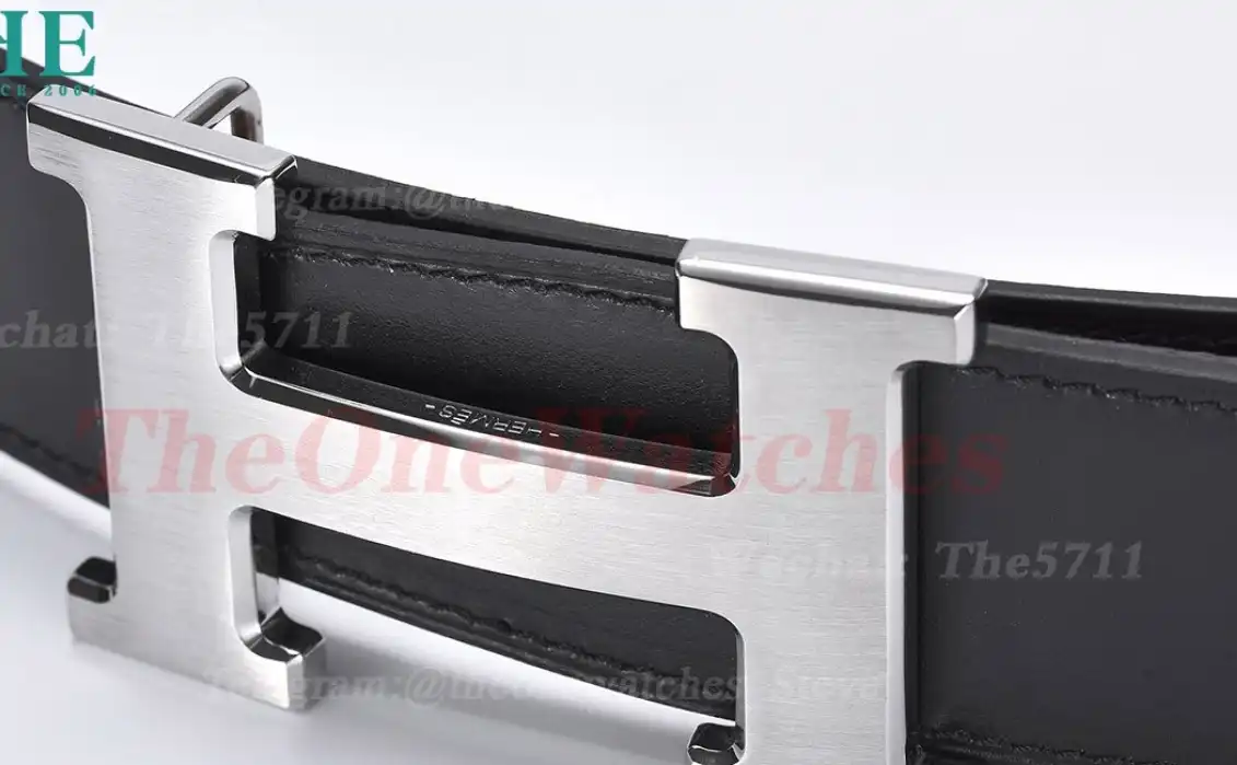 Silver Hermes SS Buckle on Brown Black Leather Belt 3.8cm