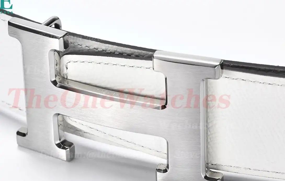 Silver Hermes SS Buckle on White Black Leather Belt 3.8cm