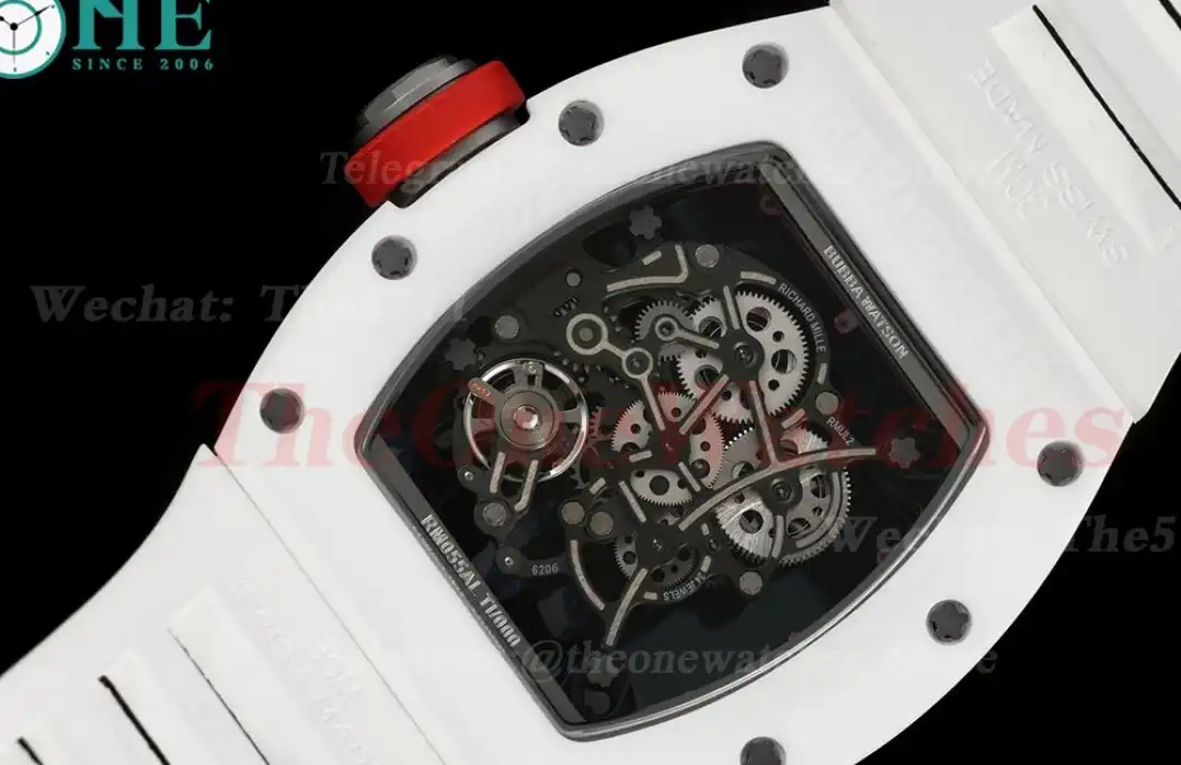 RM055 White Ceramic Red Skeleton Dial On White Rubber Strap T+F RMUL2