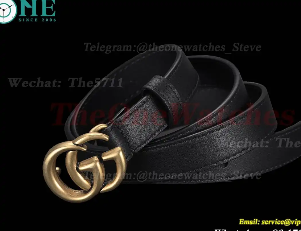 Gold Double G Buckle on Black Leather Belt 2.0cm