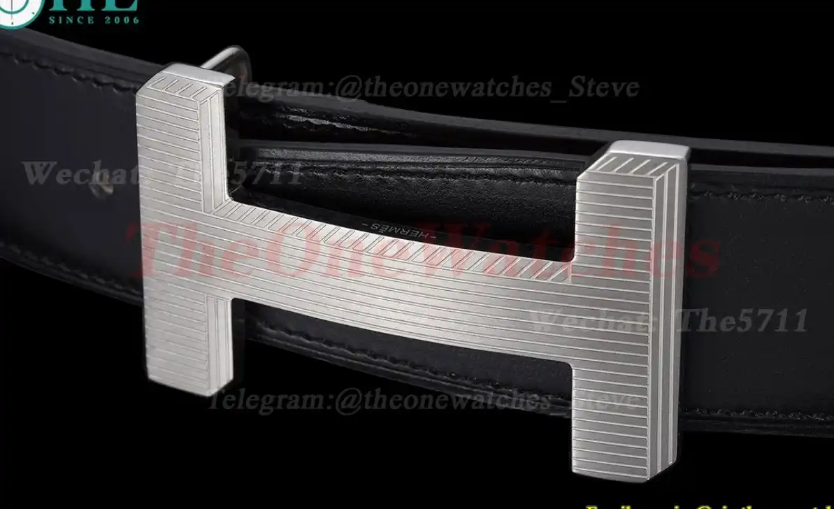 Silver Hermes SS Buckle on Black Leather Belt 3.8cm