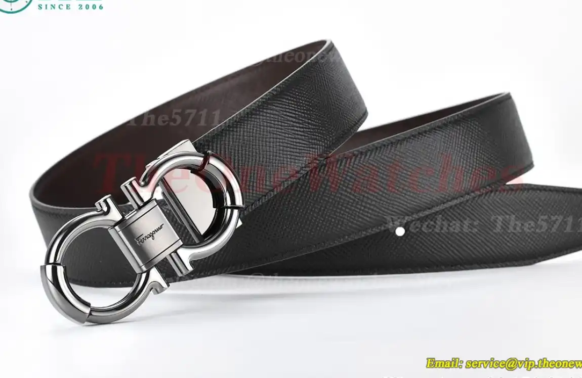 Bright Grey Brass Buckle on Black Brownish Leather Belt 3.5cm