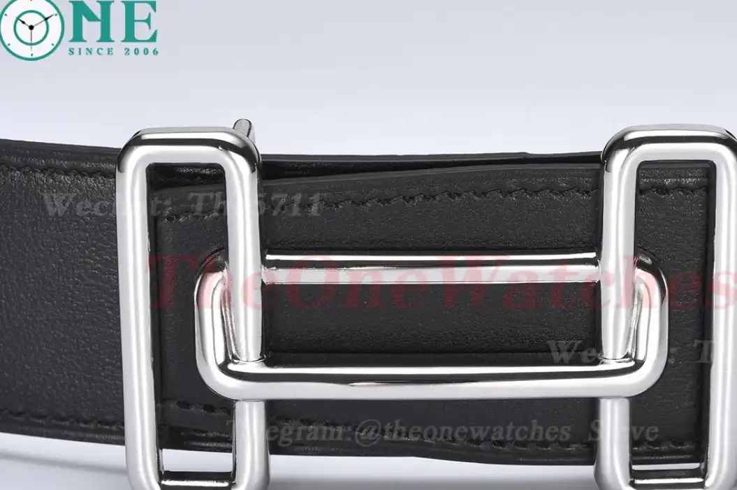 Silver Hermes SS Buckle on Black Leather Belt 3.8cm