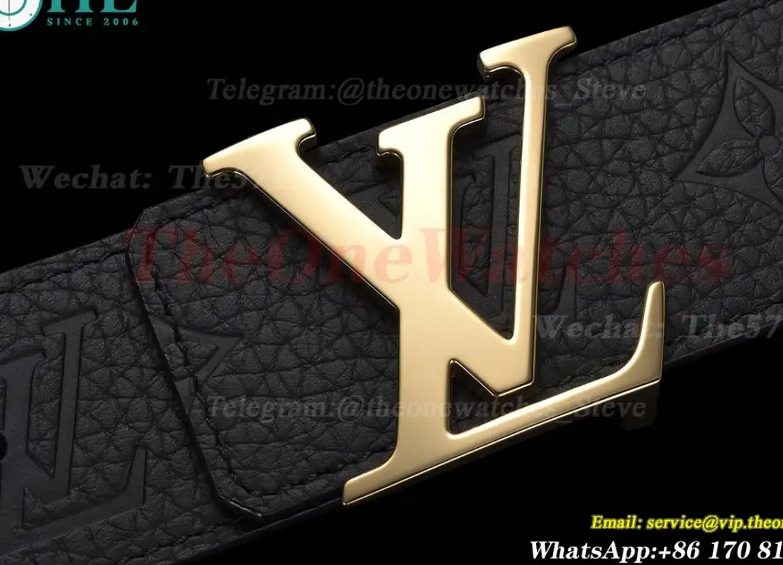 Yellow Gold LV Brass Buckle on Black Leather Belt 4.0cm