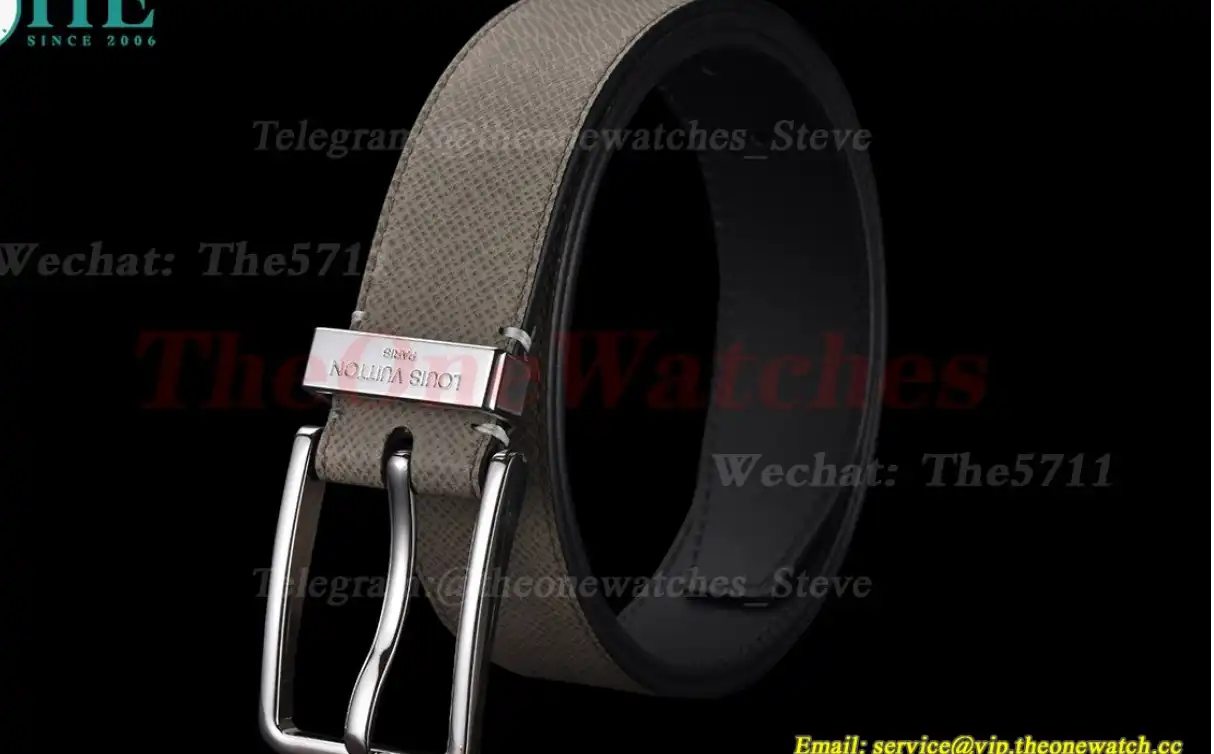 Silver LV SS Buckle on Beige Leather Belt 3.5cm