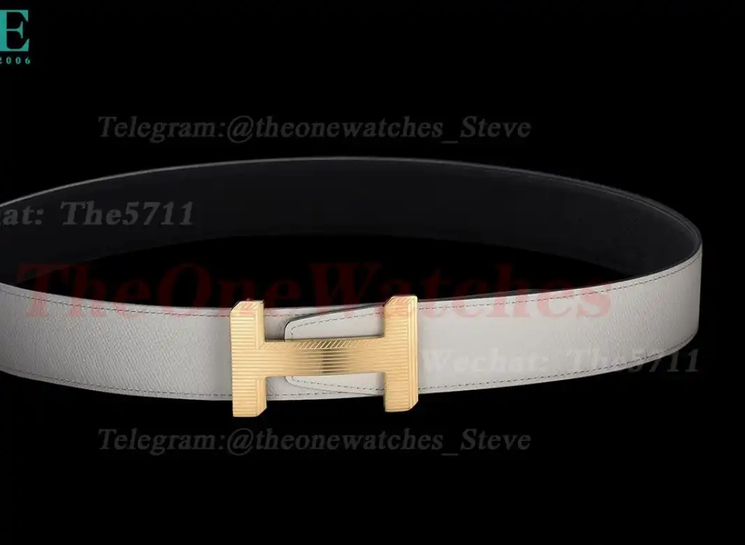 Yellow Gold Hermes SS Buckle on milky Leather Belt 3.8cm