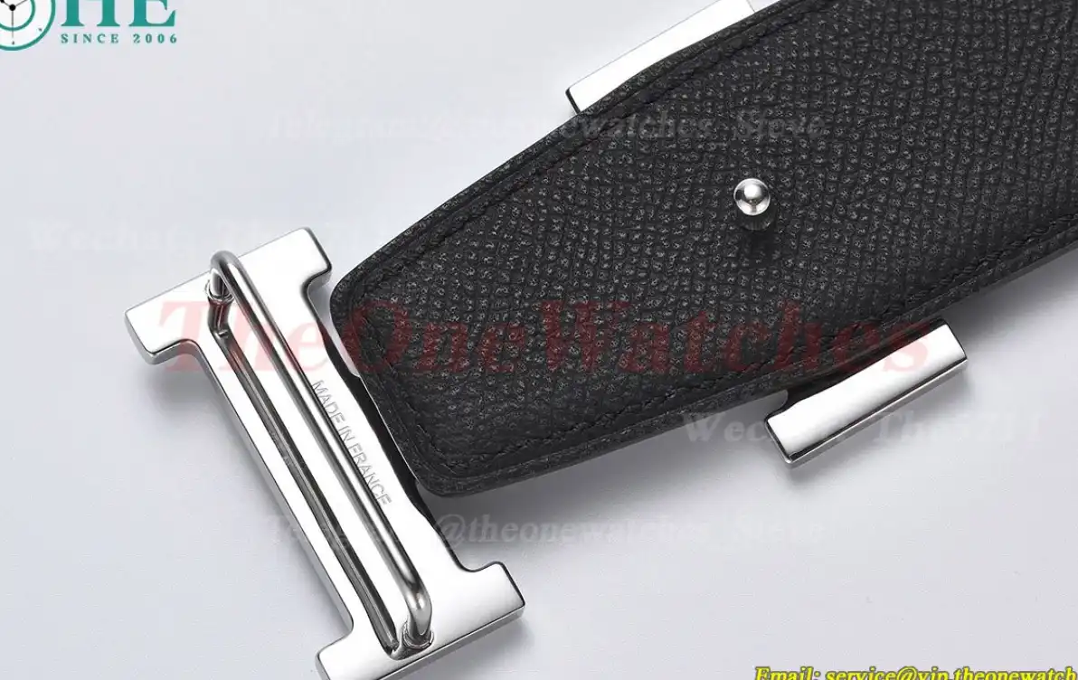 Silver Hermes SS Buckle on Blue Black Leather Belt 3.8cm