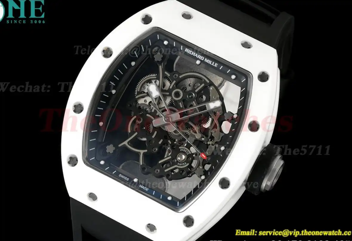 RM055 White Ceramic Black Skeleton Dial On Black Rubber Strap T+F RMUL2