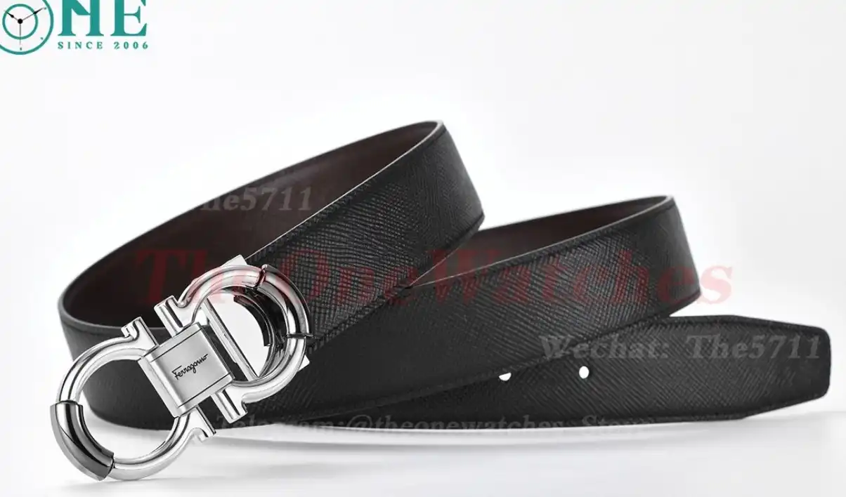 Silver Brass Buckle on Black Brownish Leather Belt 3.5cm