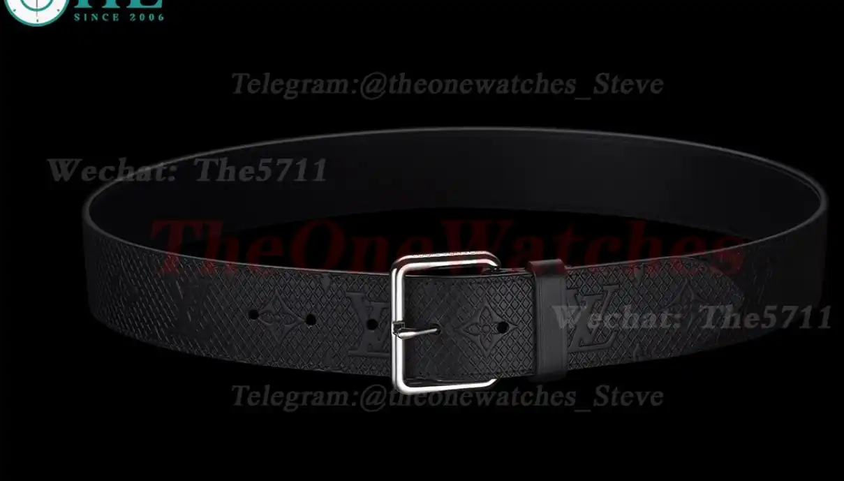 Silver LV Brass Buckle on Black Leather Belt 4.0cm