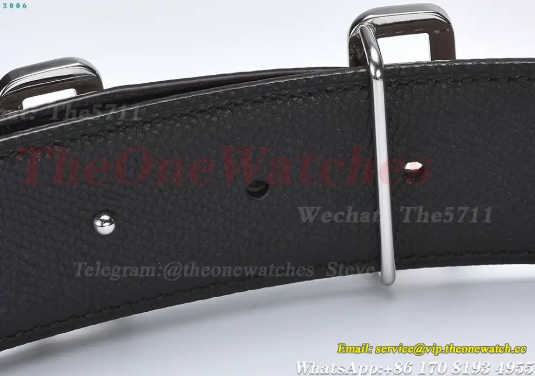 Silver Hermes SS Buckle on Apricot Black Leather Belt 3.8cm