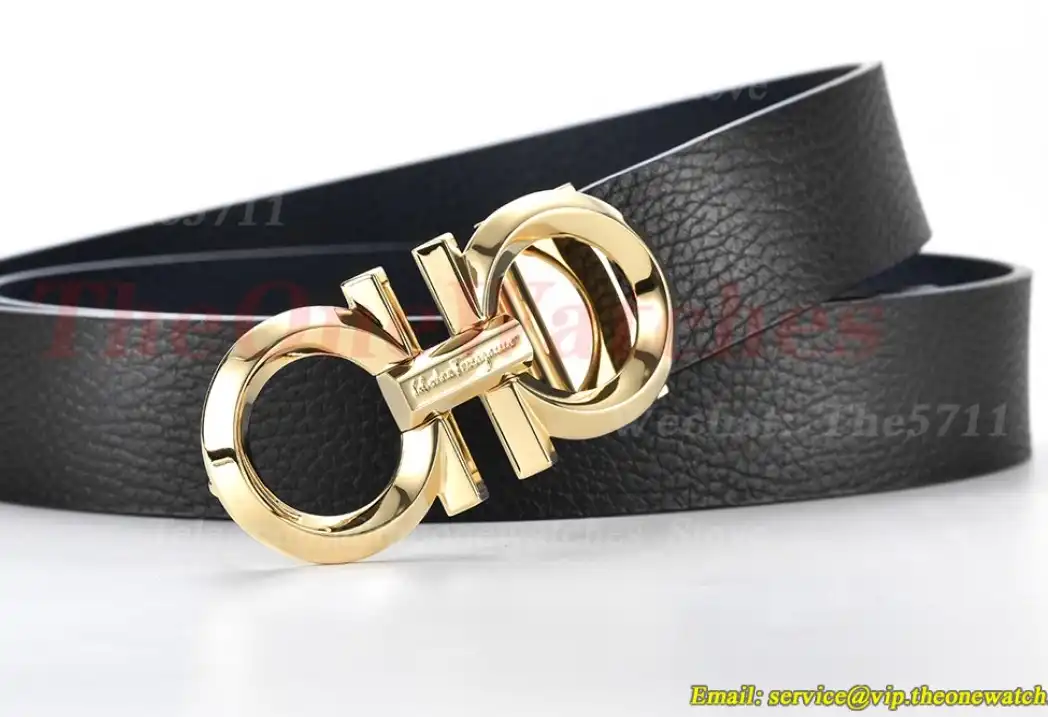 YG Brass Buckle on Black Blue Leather Belt 3.5cm