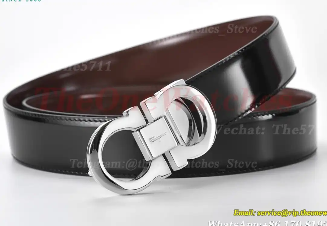 Silver Brass Buckle on Black Brown Leather Belt 3.5cm