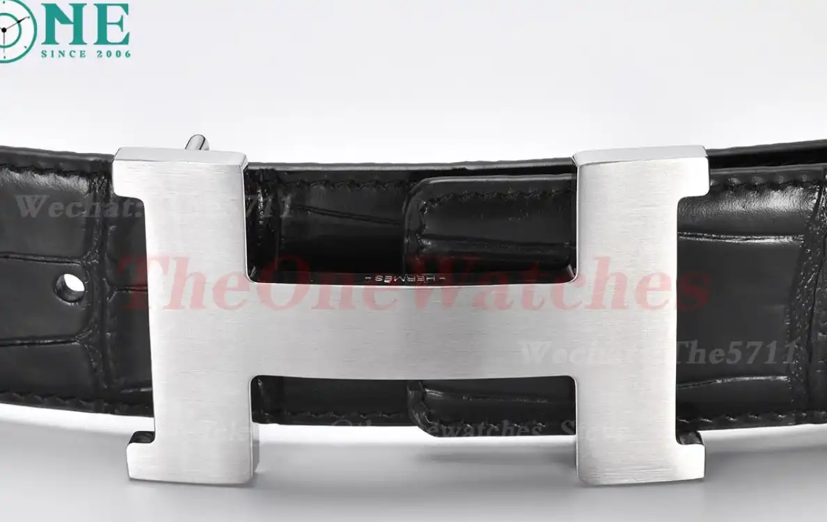 Silver Hermes SS Buckle on Black Black Leather Belt 3.8cm