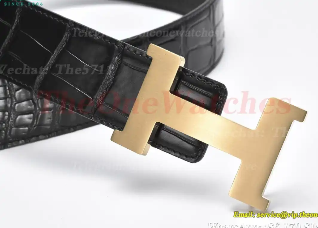 YG Hermes SS Buckle on Black Black Leather Belt 3.8cm