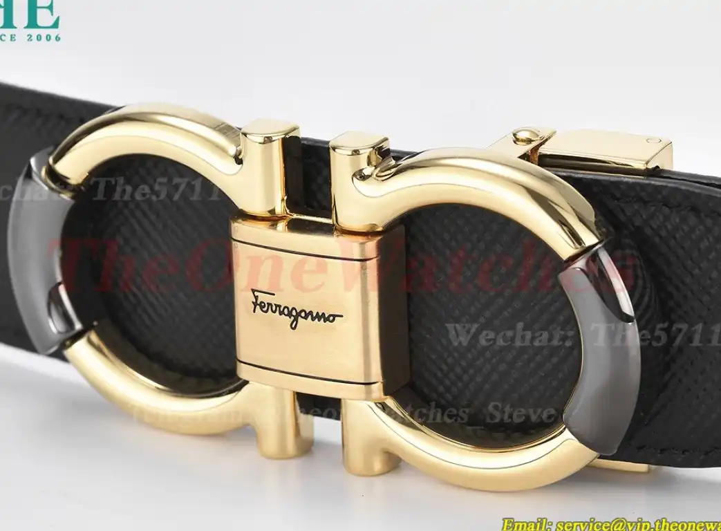 YG Brass Buckle on Black Brownish Leather Belt 3.5cm