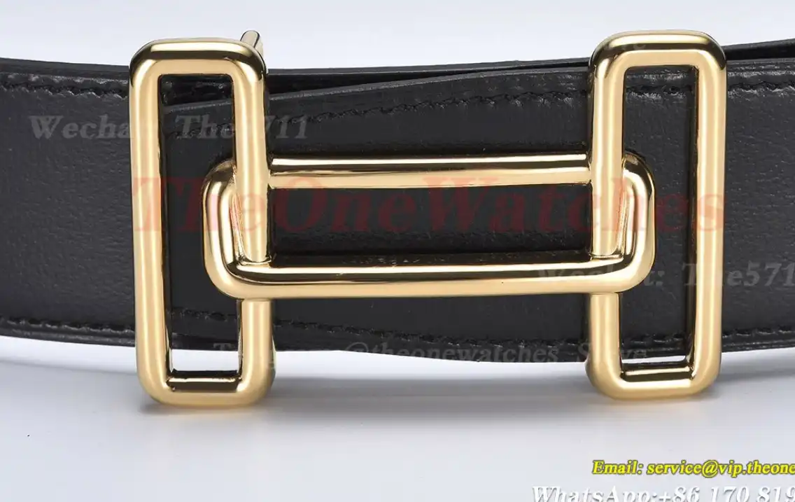 YG Hermes SS Buckle on Black Black Leather Belt 3.8cm