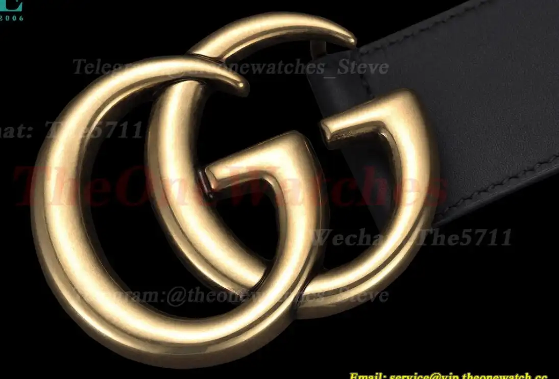 Gold Double G Buckle on Black Leather Belt 4.0cm