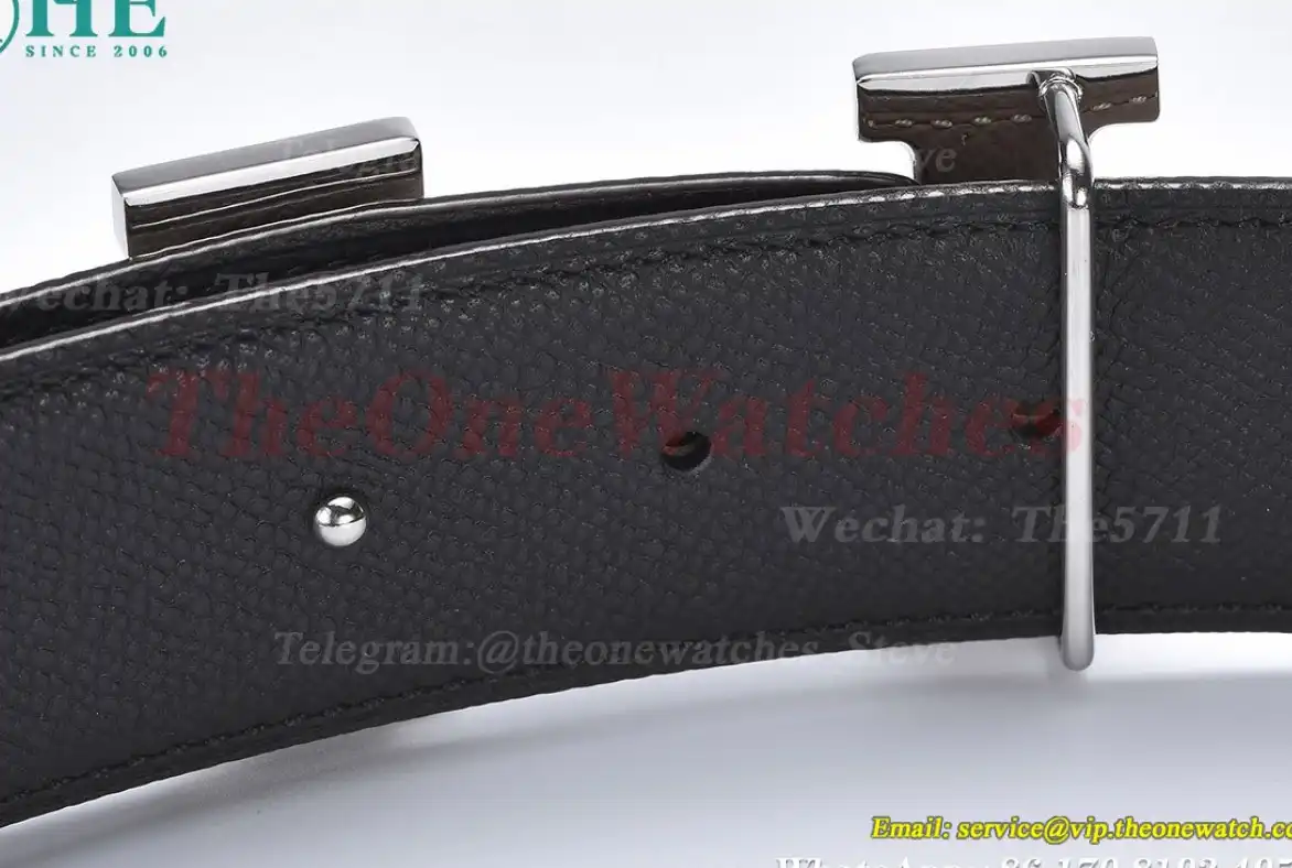 Silver Hermes SS Buckle on Apricot Black Leather Belt 3.8cm