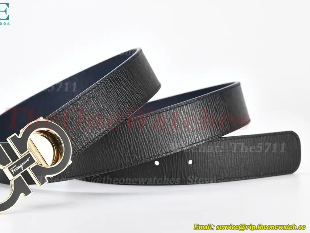 PVD YG Brass Buckle on Black Blue Leather Belt 3.5cm