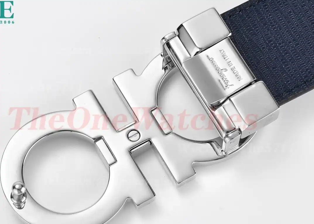 PVD Silver Brass Buckle on Black Blue Leather Belt 3.5cm