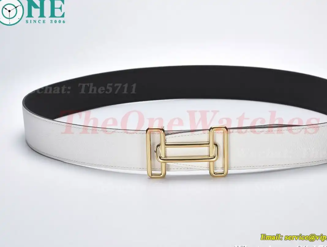 YG Hermes SS Buckle on White Black Leather Belt 3.8cm