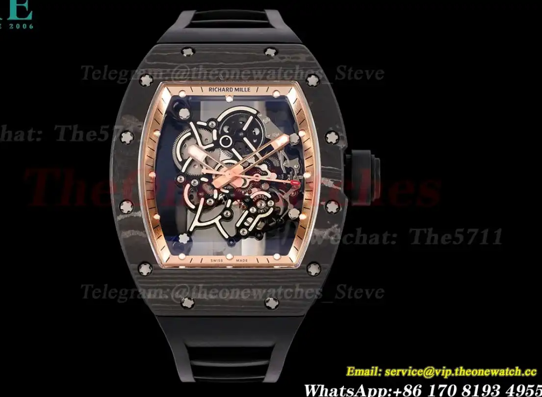 RM055 Real NTPT Skeleton Gold Dial On Black Rubber Strap YSF RMUL2