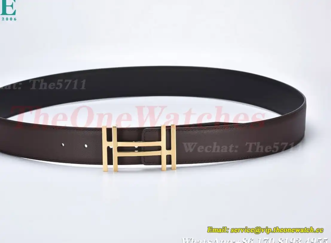 YG Hermes SS Buckle on Brown Black Leather Belt 3.8cm