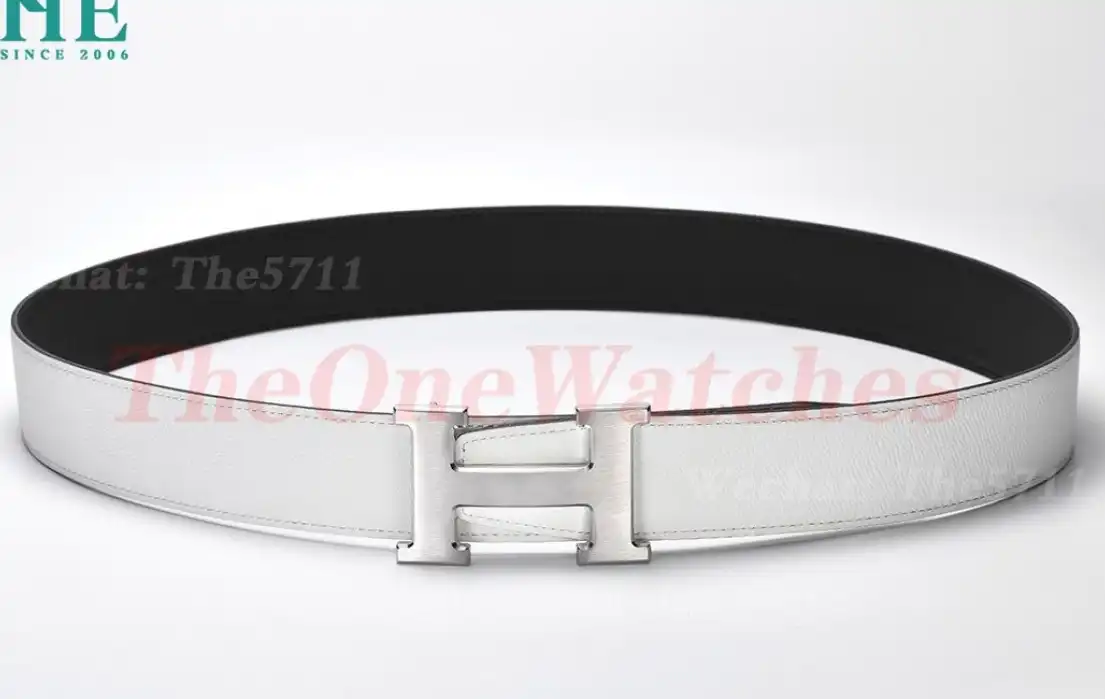 Silver Hermes SS Buckle on White Black Leather Belt 3.8cm