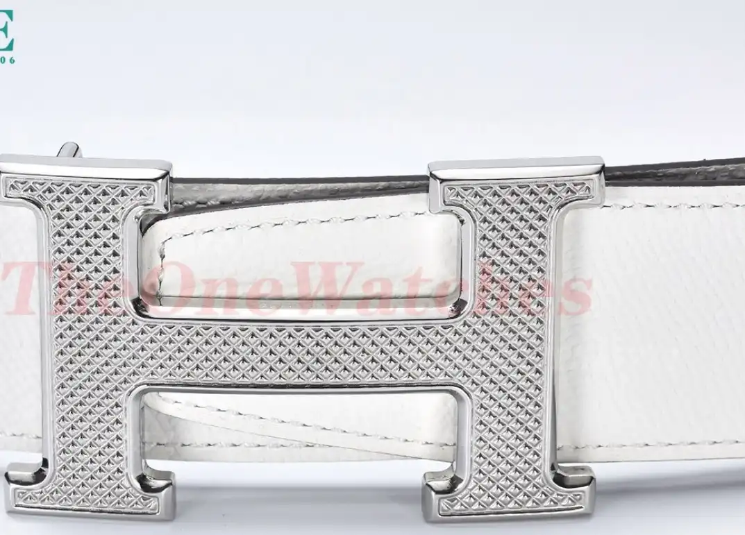 Silver Hermes SS Buckle on White Black Leather Belt 3.8cm