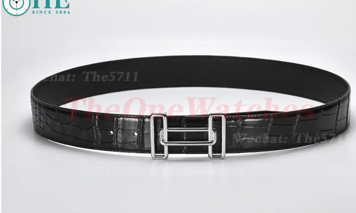 Silver Hermes SS Buckle on Black Black Leather Belt 3.8cm