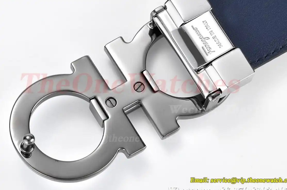 Silver Brass Buckle on Black Blue Leather Belt 3.5cm