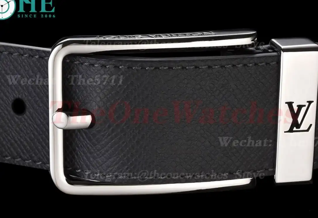 Silver LV SS Buckle on Black Leather Belt 3.5cm