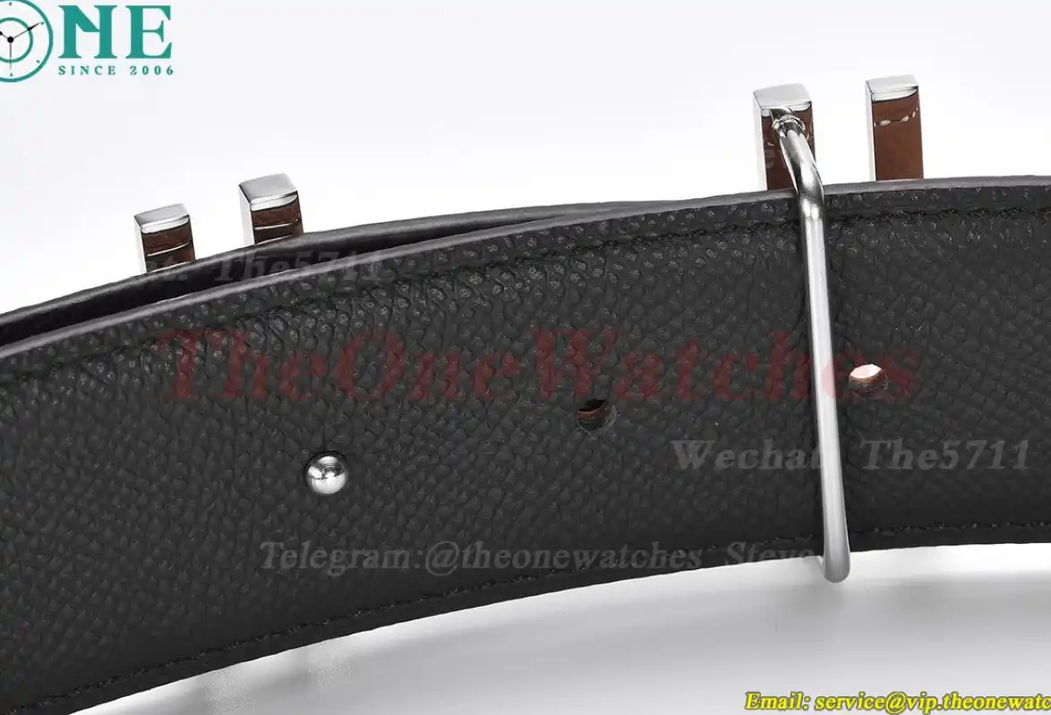 Silver Hermes SS Buckle on Brown Black Leather Belt 3.8cm