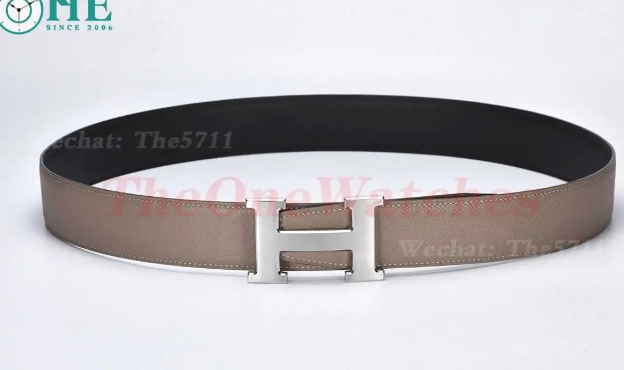 Silver Hermes SS Buckle on Apricot Black Leather Belt 3.8cm